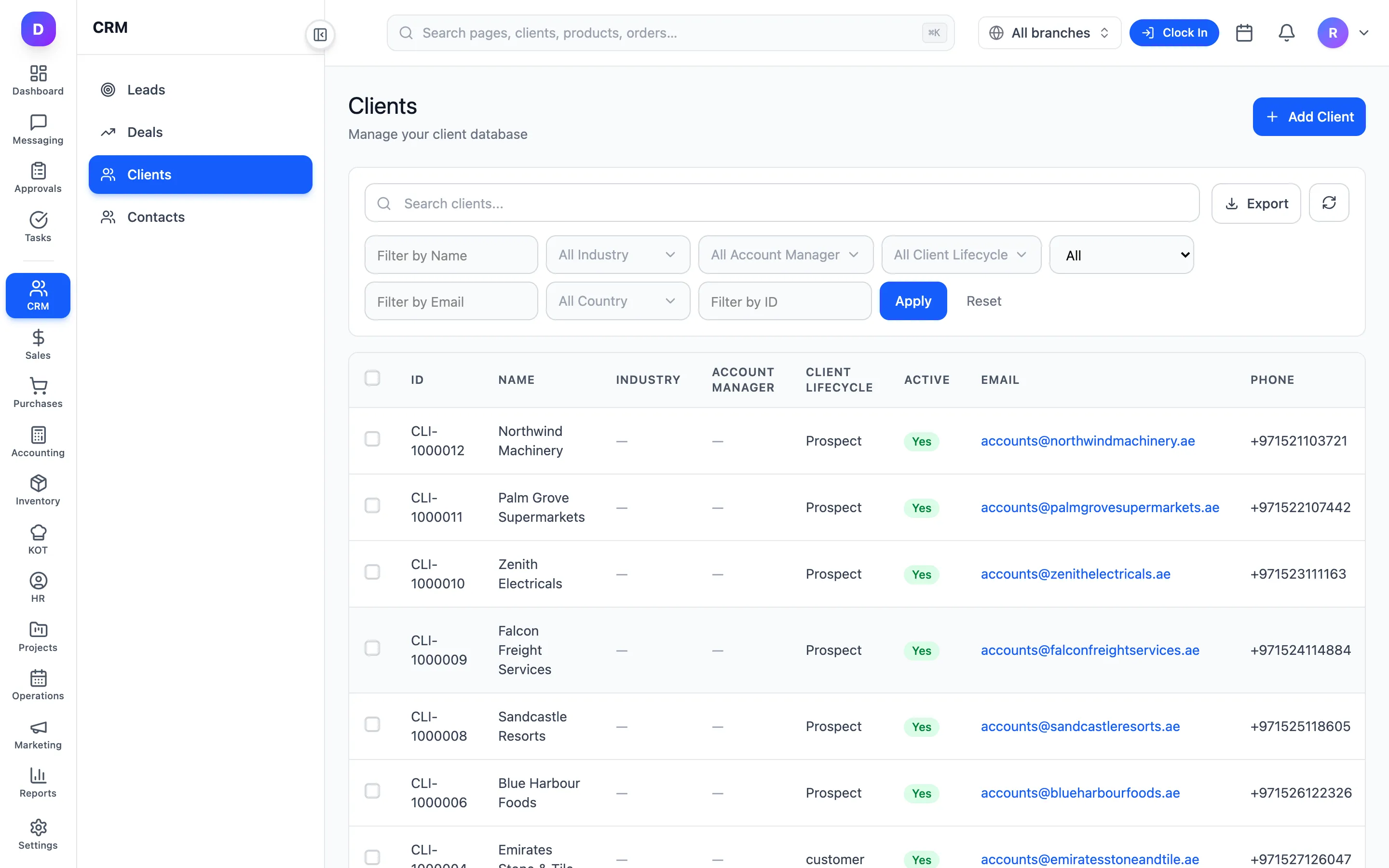 A client list showing company names, lifecycle stage and contact details, with filters above