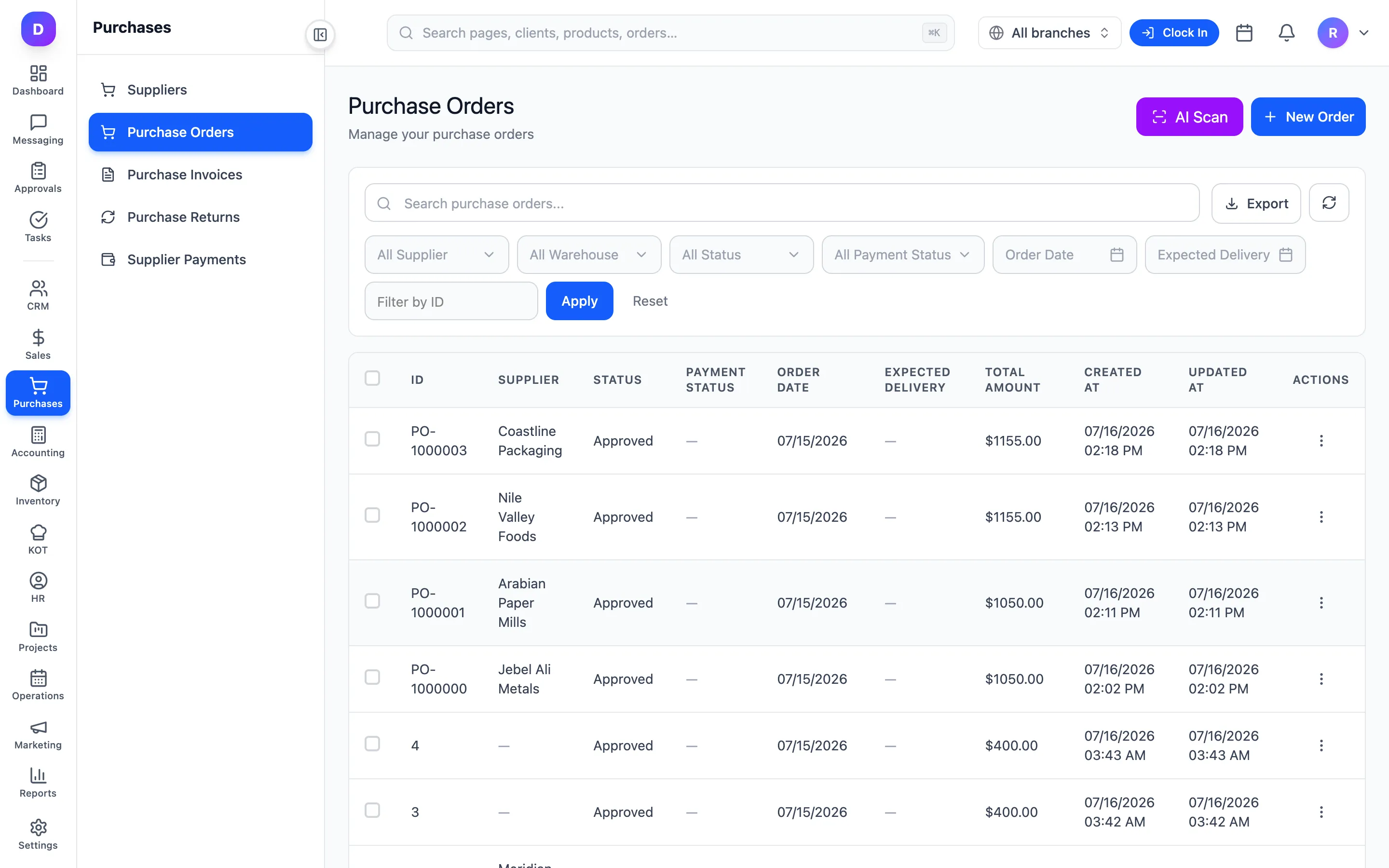 A purchase order list showing supplier, approval status, order date and order value