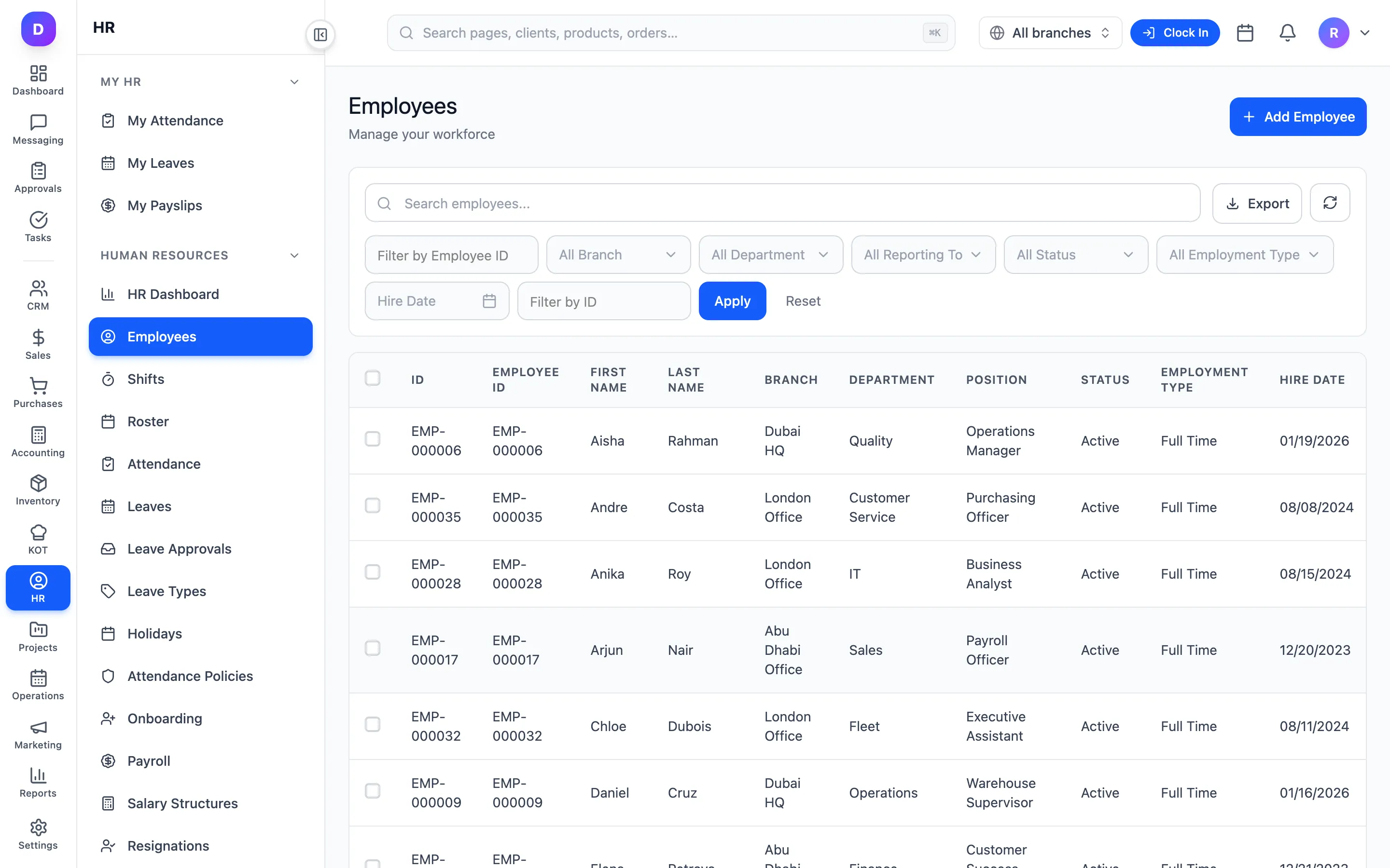 An employee list showing branch, department, position, status and hire date